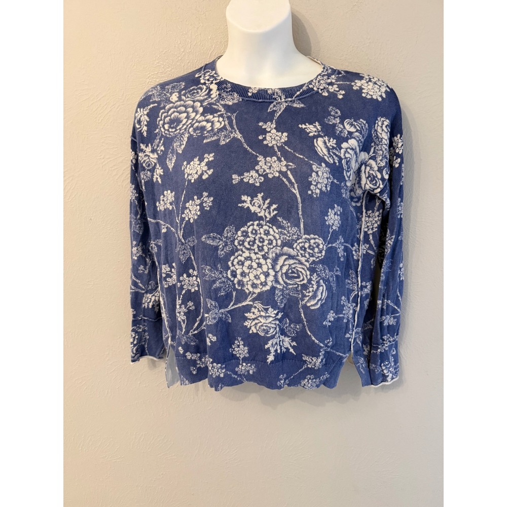 Sundance Womens Blue White Floral Crewneck Sweater Size Small Distressed Seams